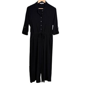 Sympli Black Stretch‎ Jersey Jumpsuit Button Front Drawstring Waist Pockets 6